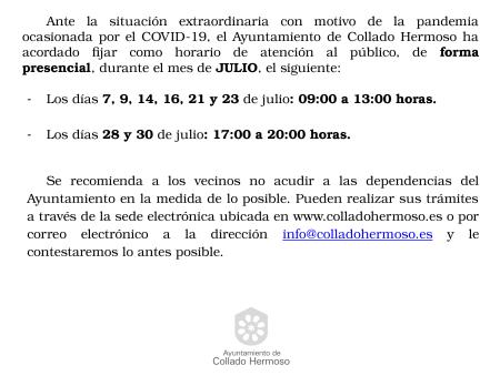 Imagen El horario de atención presencial del Ayuntamiento de Collado Hermoso continuará siendo reducido durante el mes de julio